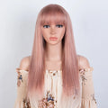 Lekker Rose Pink Bone Straight 100% Human Hair Wigs With Bangs For Women Brazilian Remy Hair Glueless Colored Long Wigs