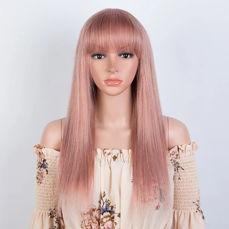Lekker Rose Pink Bone Straight 100% Human Hair Wigs With Bangs For Women Brazilian Remy Hair Glueless Colored Long Wigs