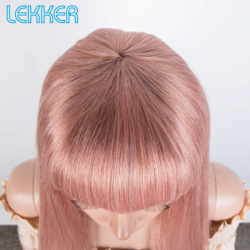 Lekker Rose Pink Bone Straight 100% Human Hair Wigs With Bangs For Women Brazilian Remy Hair Glueless Colored Long Wigs