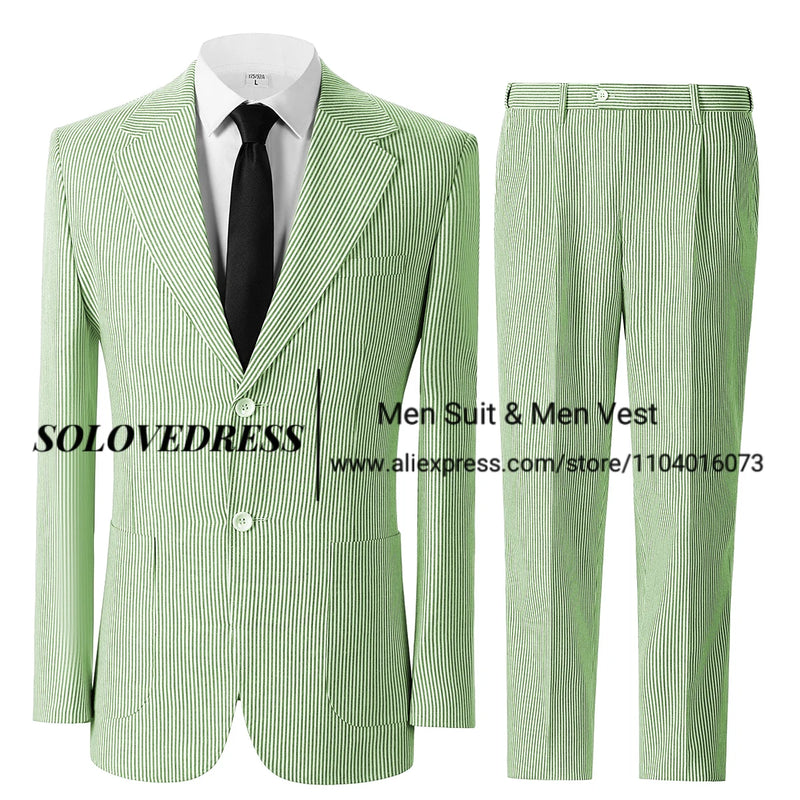 Men's Seersucker Striped Suits 2 Piece Slim Fit Summer Casual Pinstripe Suit for Men Wedding Grooms Blazer Jacket Pants Sets