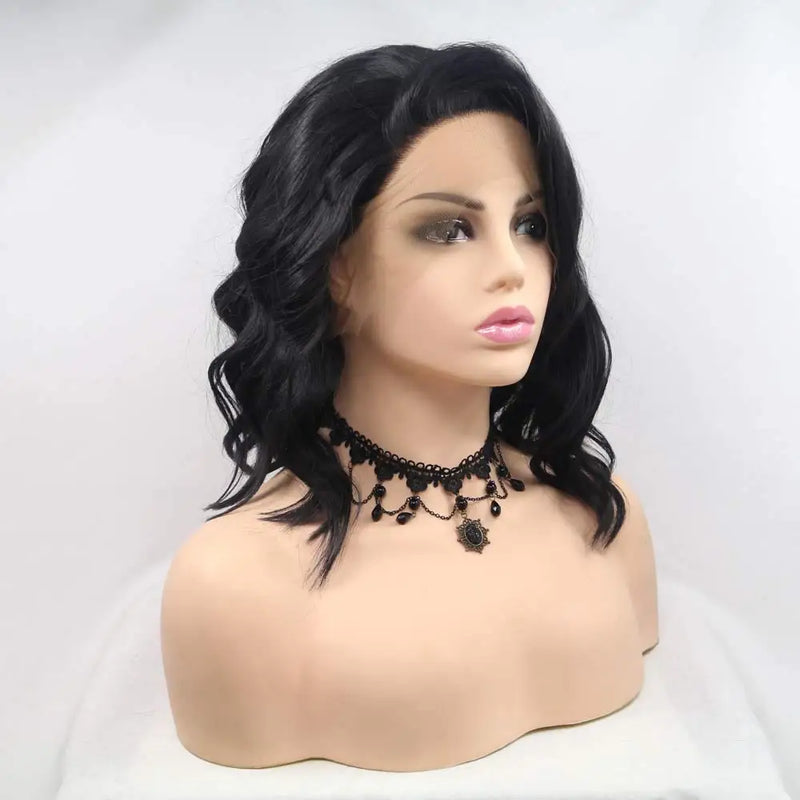 Natural Black Short Wavy Synthetic Black Lace Front Wigs For Women Hair Side Part Heat Resistant Fiber Short Black Wigs