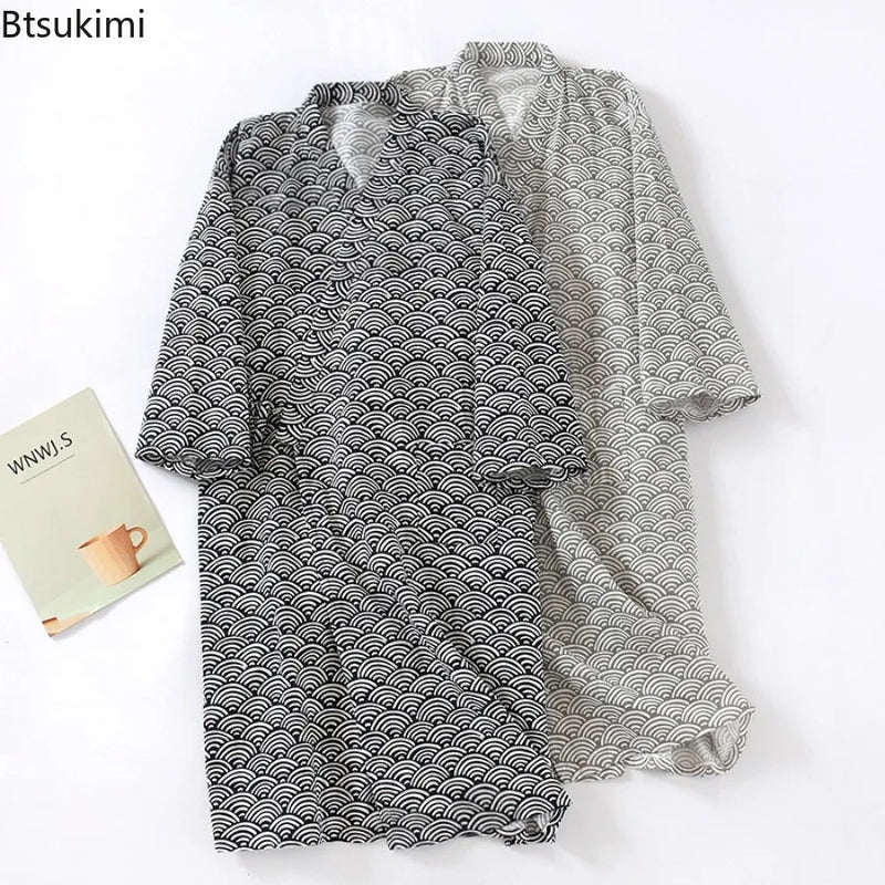 2026 New Men's 100% Cotton Gauze Bath Robes Loose Thin Japanese Kimono Pajamas for Men Casual Lace Up Bathrobes V-Neck Nightgown