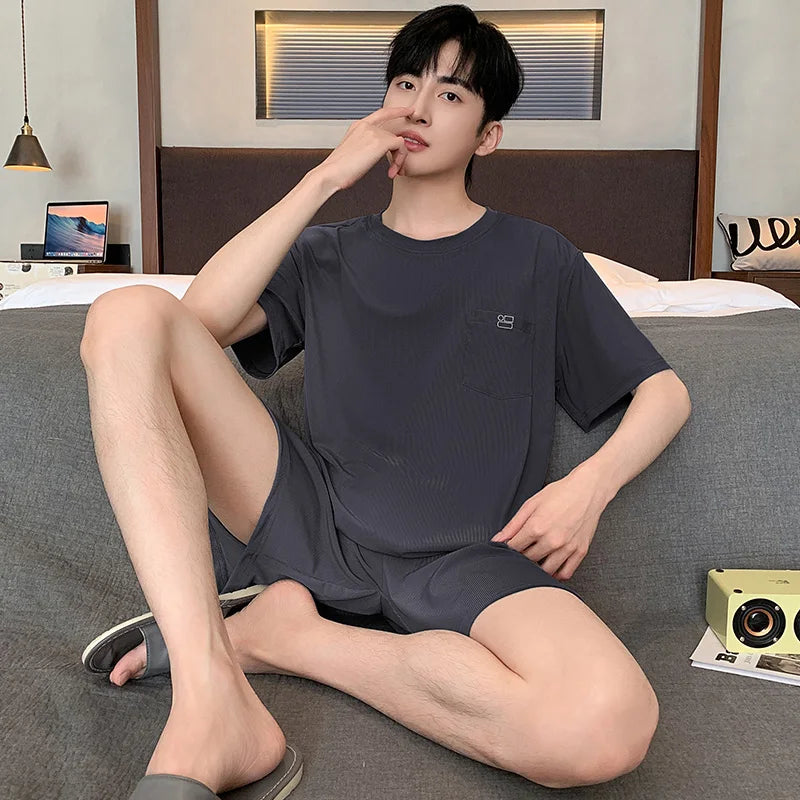 Summer New Men's Pajamas Homewear Set Men's Short-Sleeved Shorts Teenage Students Solid color Casual Pajamas Homewear Set