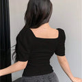 New Pure Desire Style Square Neck Puffed-sleeve Shirt For Women's Short Spicy Girl Knitted Patchwork Top