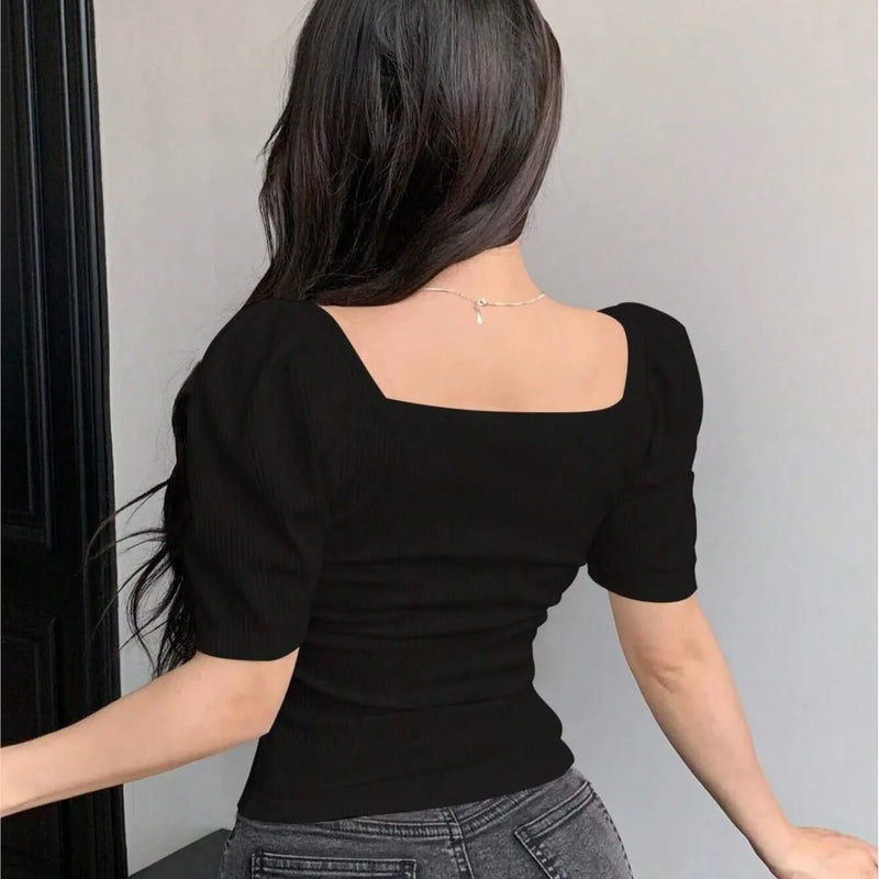 New Pure Desire Style Square Neck Puffed-sleeve Shirt For Women's Short Spicy Girl Knitted Patchwork Top