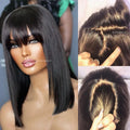 14inch Straight Bob Wig with Bangs Human Hair Realistic Transparent Silk Base Full Lace Short Black Bob Wigs Blunt Cut Bob Wig