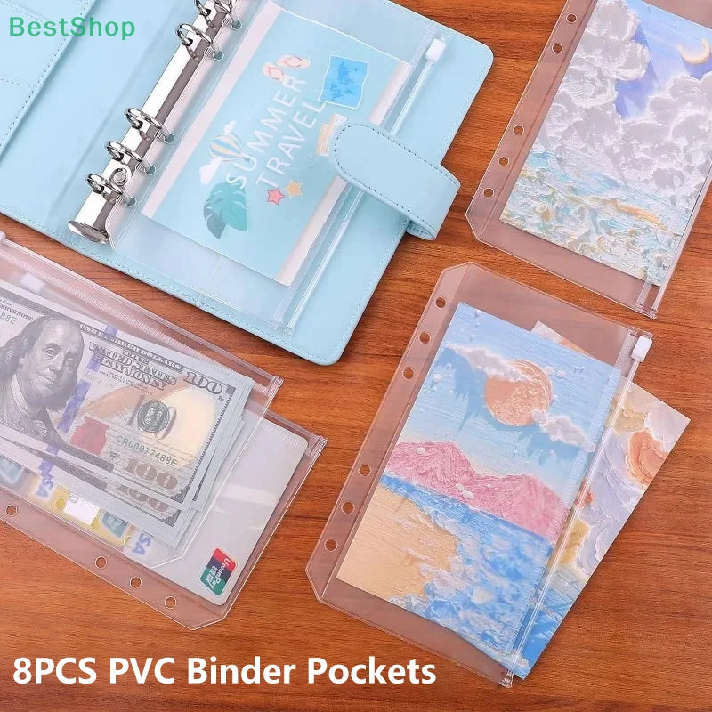 ♥8Pcs Clear A5 A6 A7 Binder Pockets Clear Zipper Folders For 6-Ring Notebook Binder Files Reports Binder