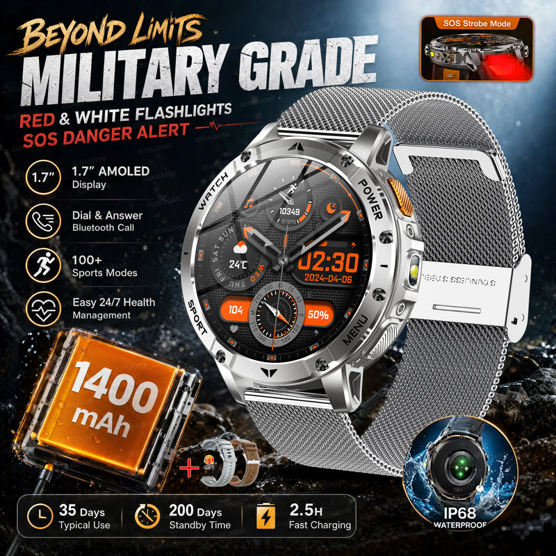 2026 New Military TANK 1400mAh Battery Smart Watch IP68 Waterproof LED Flashlight Heart Rate Sports tracker SOS Smart Watch Men