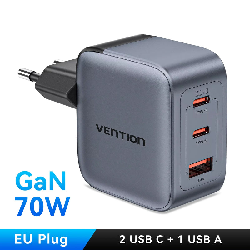 Vention 70W GaN Charger Quick Charge 3.0 USB C Charger for iPhone 17 16 15 Pro iPad Macbook Air Tablet PD Type C Fast Charger
