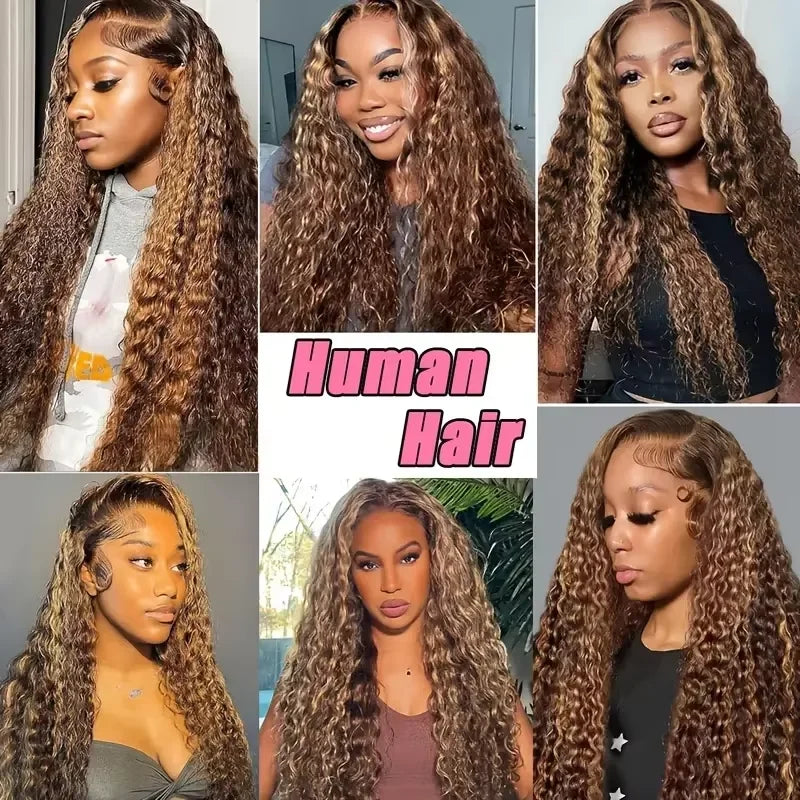 30 40 Inch Deep Wave Human Hair Wig 360 Full Lace Front with Hidden Strap 4/27 Blonde Highlights Pre Plucked Brazilian Curly Wig