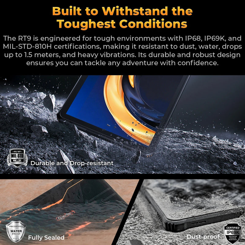 OUKITEL RT9 Rugged Tablet - 10.1" HD Display, 24(6+18)GB+256GB, IP68 IP69K Waterproof, 11000mAh Battery Android 14 Tablet PC