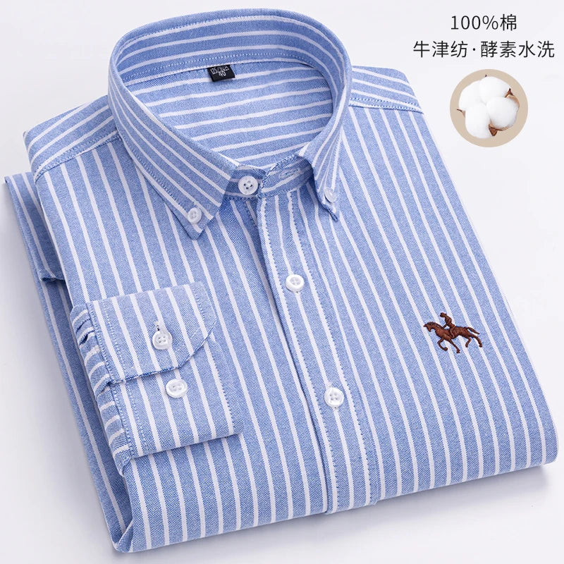 S~6XL Cotton Oxford Shirt For Men's Long Sleeve Plaid | SAMAG