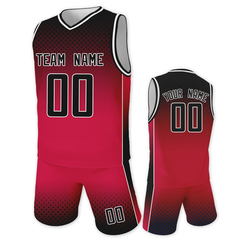 Custom Red Black Sports Basketball Training Uniforms Kids Boys Girls Basketball Jersey and Shorts Kit Printed Team Name Number
