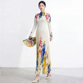 Miyake Flower Print Sets for Women Pleated T-shirt Long Sleeves with A Line Skirts Elegant Clothing 2026 Summer New
