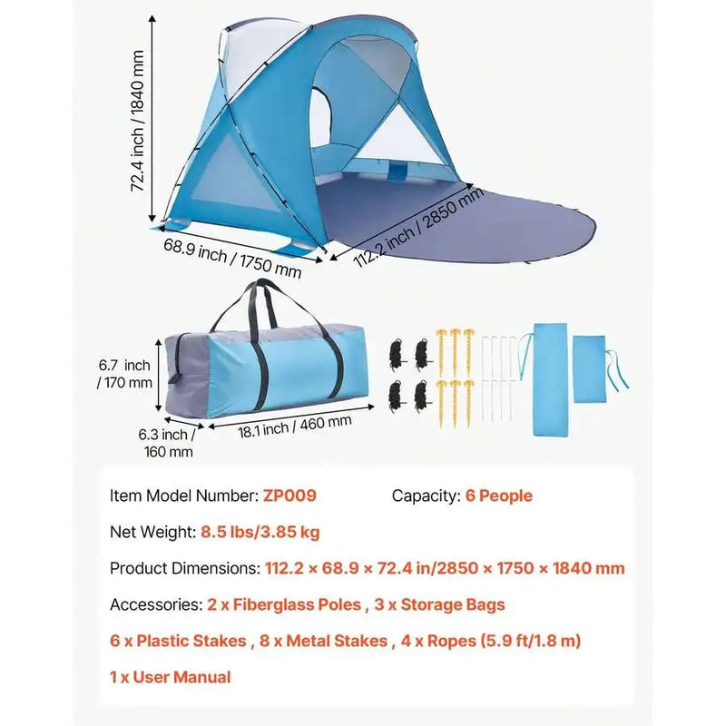 Beach Tent Sun Shelter For 6 Person, UPF 50+ Protection | SAMAG