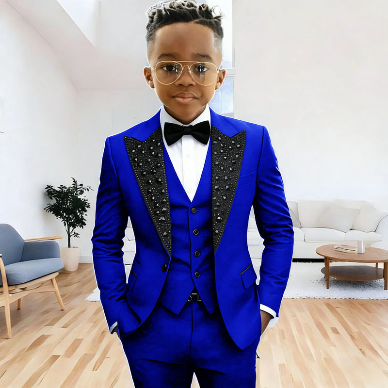 Black Suit for Boys Evening Party Tuxedo Kids Wedding Beaded Crystals Suit 3 Piece Boy Suit Jacket Pants Vest Formal Prom Dress