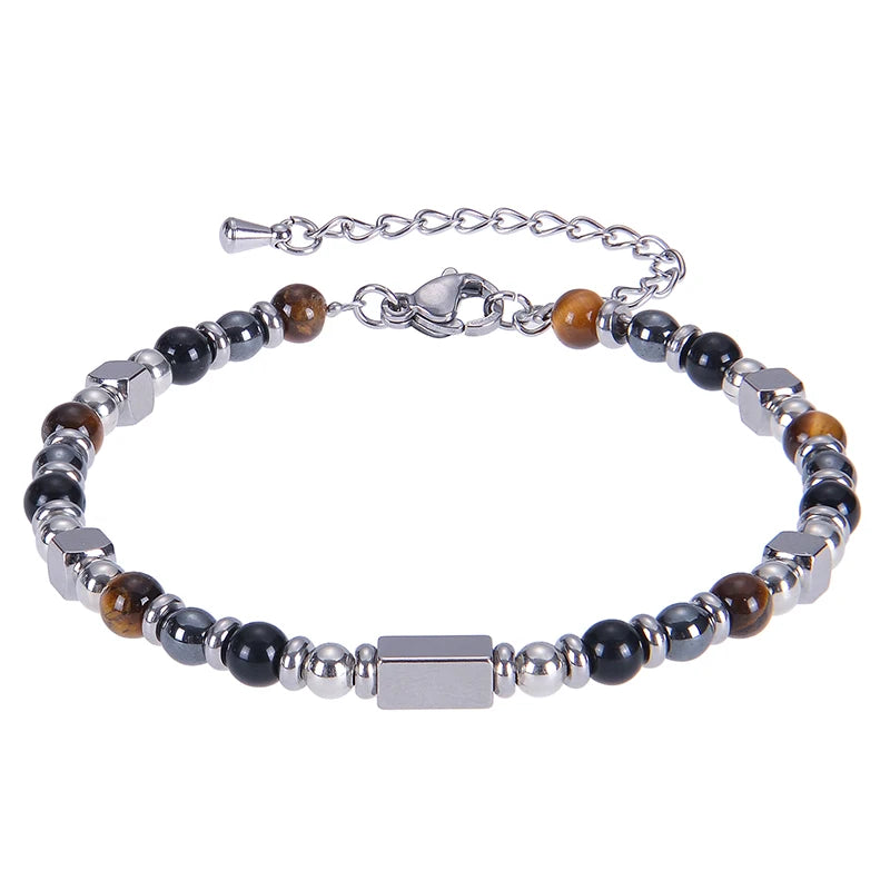 2026 Classic 6mm Tiger Eye Stone Hematite Beaded Bracelet Adjustable Stainless Steel Chain Bracelet for Men Women Jewelry Gifts