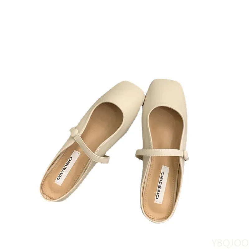 French retro half Slippers Ladies fashion belt buckle Shoes Summer fairy style shoes Comfort square head Women's slippers Mujer