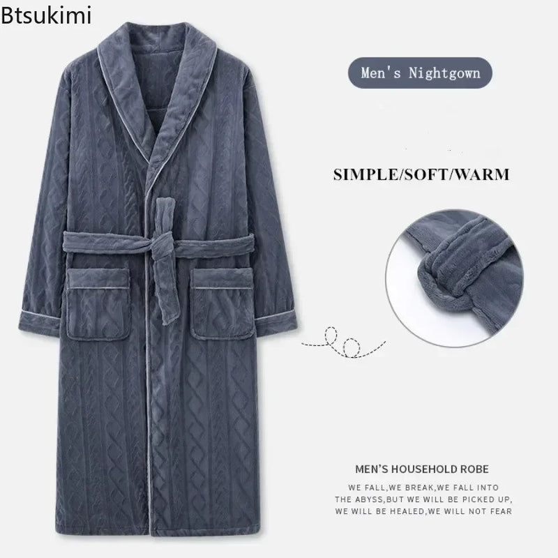 2026 Men's Autumn Winter Flannel Pajama Robes Thickened Warm Lace Up Bath Robes Men Loose Lounge Homewear Coral Fleece Nightgown
