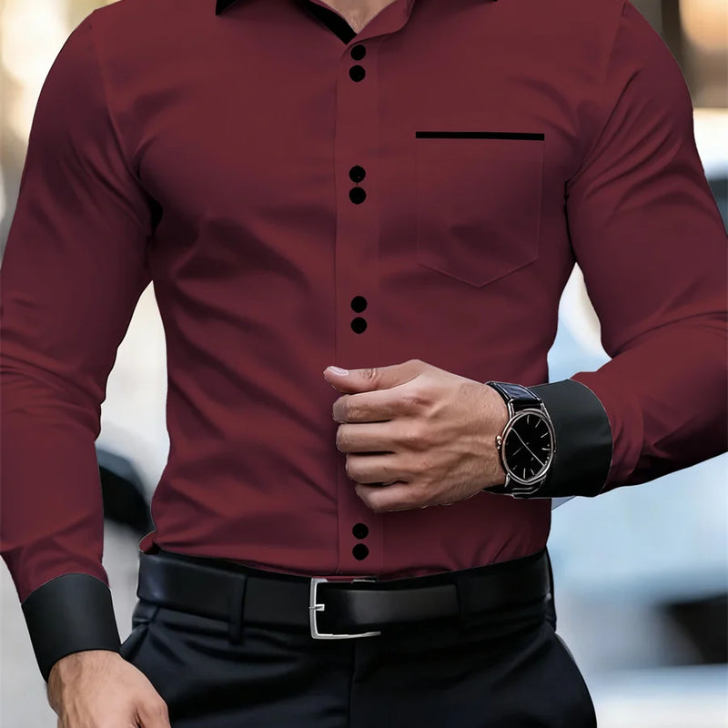 Men's Business Color Block Collar Long Sleeve Shirt, Slim | SAMAG