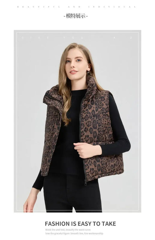 Leopard Women's Autumn Winter Sleeveless Parkas Jacket 2025 Woman Mandarin Collar Cotton Padded Vest Korean Style Waistcoat