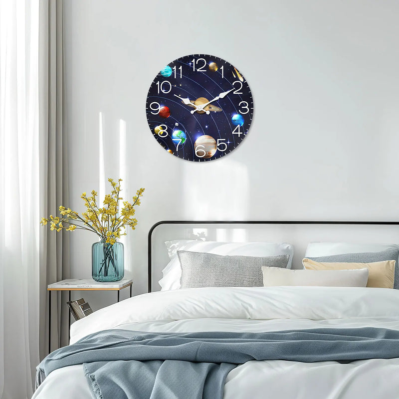 Wooden Wall Clock with Universe and Planet Motifs, 10-14inch Silent Wall Clocks, Aa Battery Powered, Suitable for Living Room, Bedroom, Office, Valentine's Day, Carnival, Ramadan, (Battery Not Included)