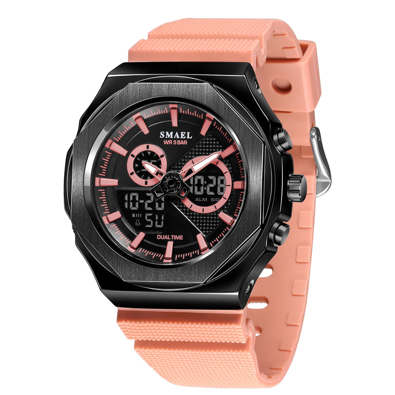 SMAEL Women Dual Display Waterproof Sport Quartz Watch LED Digital Analog Stopwatch Durable Daily Outdoor Casual Wristwatch