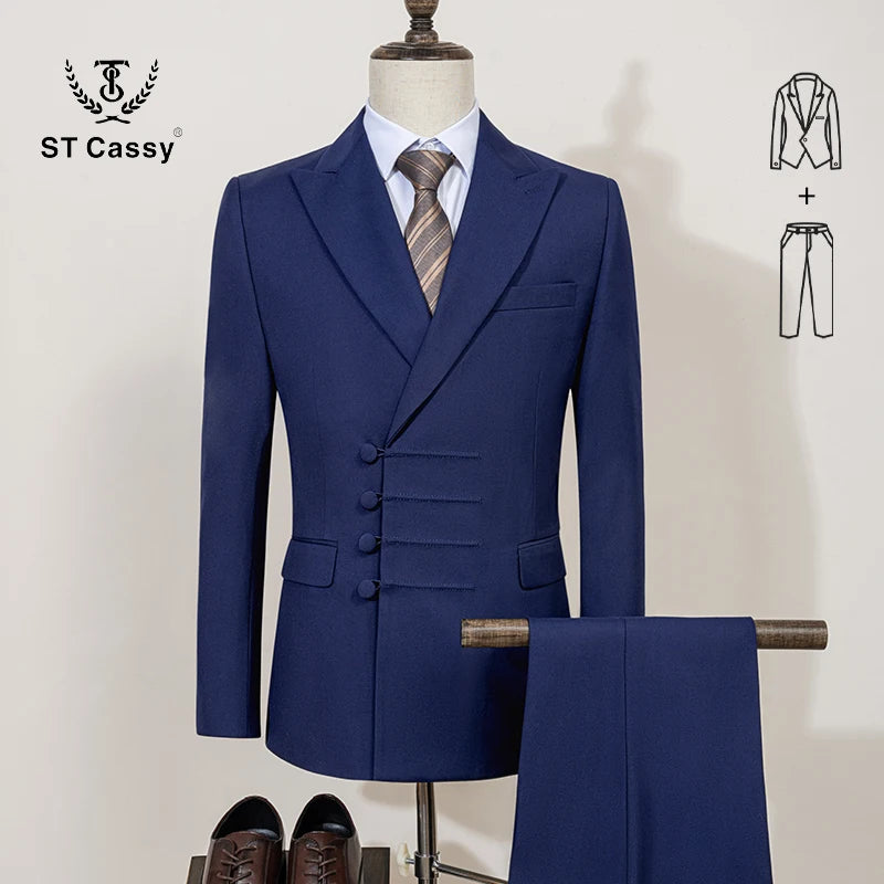 ST Cassy Elegant Men's Suits for Wedding Slim Fit Double Breasted Multiple Buttons Casual Business Two-Piece Dress Party Outfit