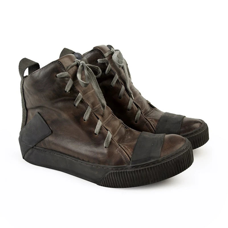 Retro Mixed Color Men Ankle Boots Handmade Genuine Leather High-top Men Sneakers Dark Black Street Style Fashion Men Flat Shoes