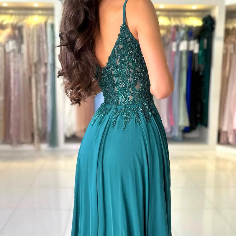 Green Chiffon Evening Dress Women Elegant Applique | SAMAG