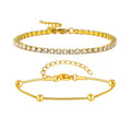 2pcs Stainless Steel Bracelets Set, Minimalist Elegant Bead Round Snake Chain Bracelet, Luxury Zircon Tennis Chain Wristband