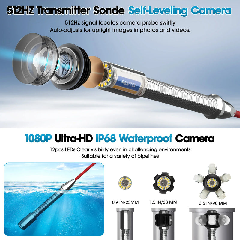 SYANSPAN 10.1" 1080P Screen Pipe Camera 512Hz Sonde&Self-leveling for Drain Sewer Inspection16GB Video Recording IP68 Waterproof