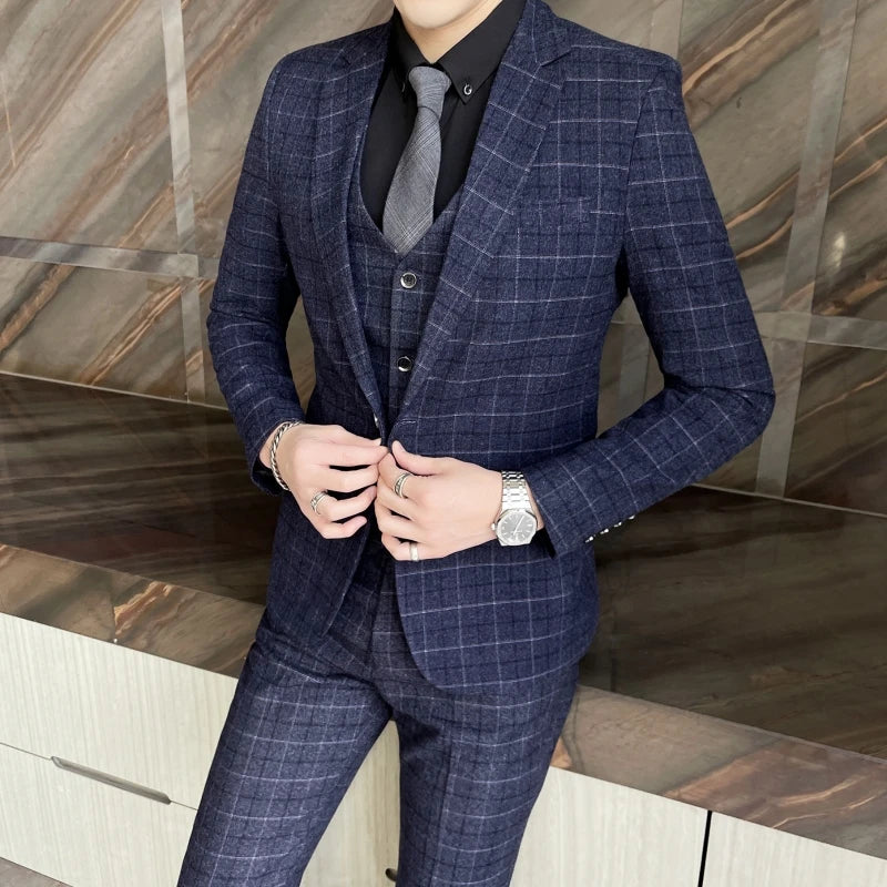 Men's High-Quality Cotton Texture Wedding Suit Set - Plaid Pattern Business Casual Three-Piece Vest Trousers Ensemble