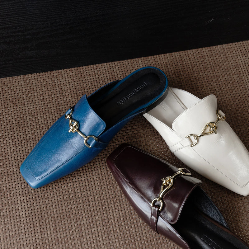 Premium Handmade Genuine Leather Cowhide Women's Shoes,Square Toe Low Heel Women Mules,Fashion Casual Women Slippers