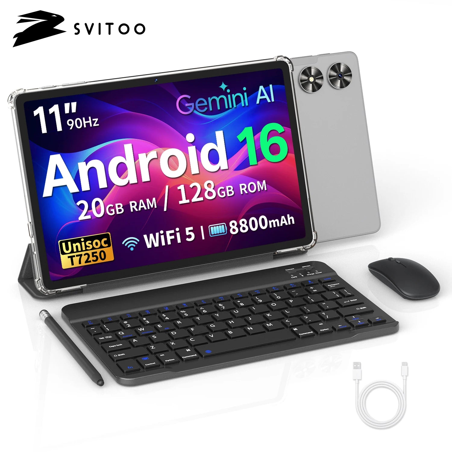 SVITOO Tablet 2026 Android 16 11 Inch 90Hz HD IPS Screen Unisoc T7250 Octa-Core Processor 4GB Physical RAM + 16GB Virtual RAM 128GB ROM 1TB Expandable 8800mAh Battery 2.4GHz 5GHz WiFi 5 Bluetooth 5.0 GPS Widevine L1 With Case