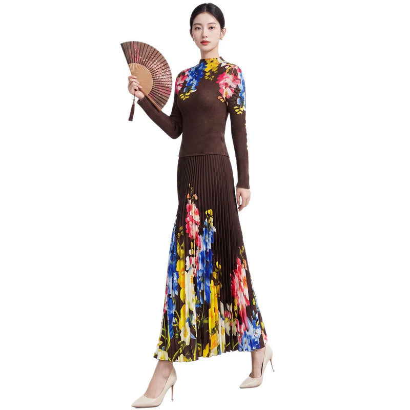 Miyake Flower Print Sets for Women Pleated T-shirt Long Sleeves with A Line Skirts Elegant Clothing 2026 Summer New