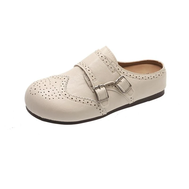 Women Retro Brogue Mule Clogs Round Toe Hollow‑Out Double Buckle Smooth Faux Leather Flat Slippers Spring Autumn Walking Shoes