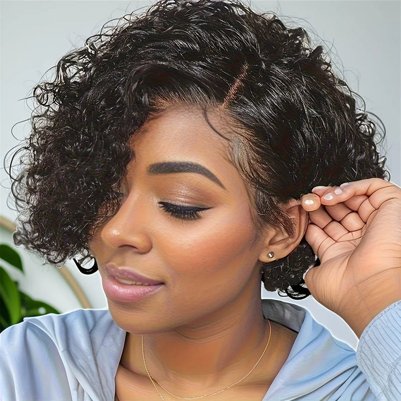 Short Curly Pixie Cut Lace Wig Pre plucked Bob Wig 13X4X1 T Part Lace Wig Curly Human Hair Wigs 180% Densiity