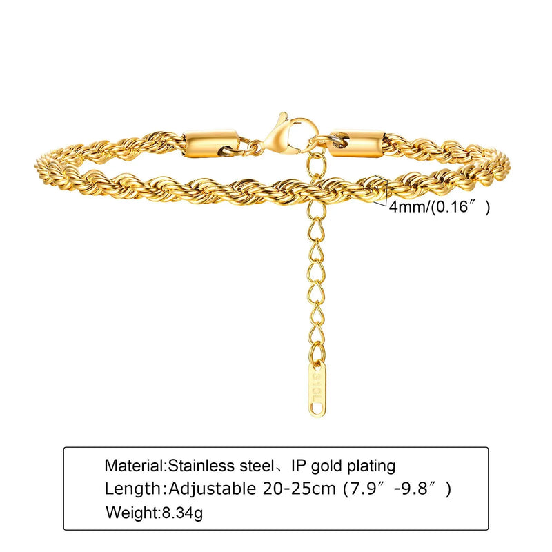 Hip Hop Men's Stainless Steel Rope Chain Bracelets,2/3/4/5mm Gold Color Adjustable Twisted Chain Wristband,Punk Casual Jewelry