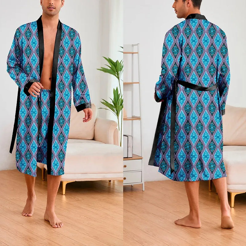 Men's Ice Silk Sleepwear Two-piece Set Kimono Bathrobe Gown Long Robe Pajamas Set Print Tiger Loose Casual Homewear Lounge Wear