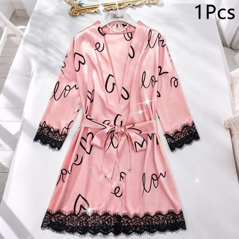 Women'S Letter Print V-Neck Sexy Lace Trim Elegant Satin | SAMAG