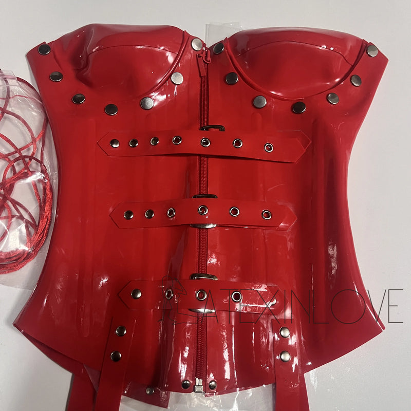 Sexy Red 0.8mm Thicker Latex Corset Bustier Body Shape Detachable Breast Cup with Front Zip Back Lace