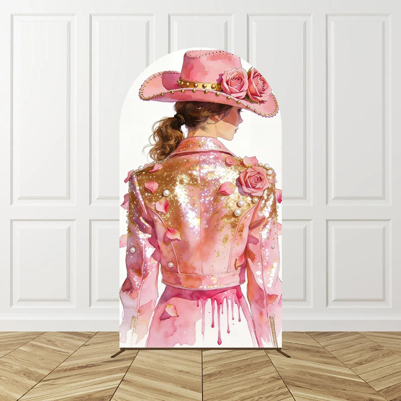Cowgirl Pink Arch Backdrop Birthday Party Photo Background Kids Western Theme Decor Horse Shoe Boots Hat Pattern Celebration Bac