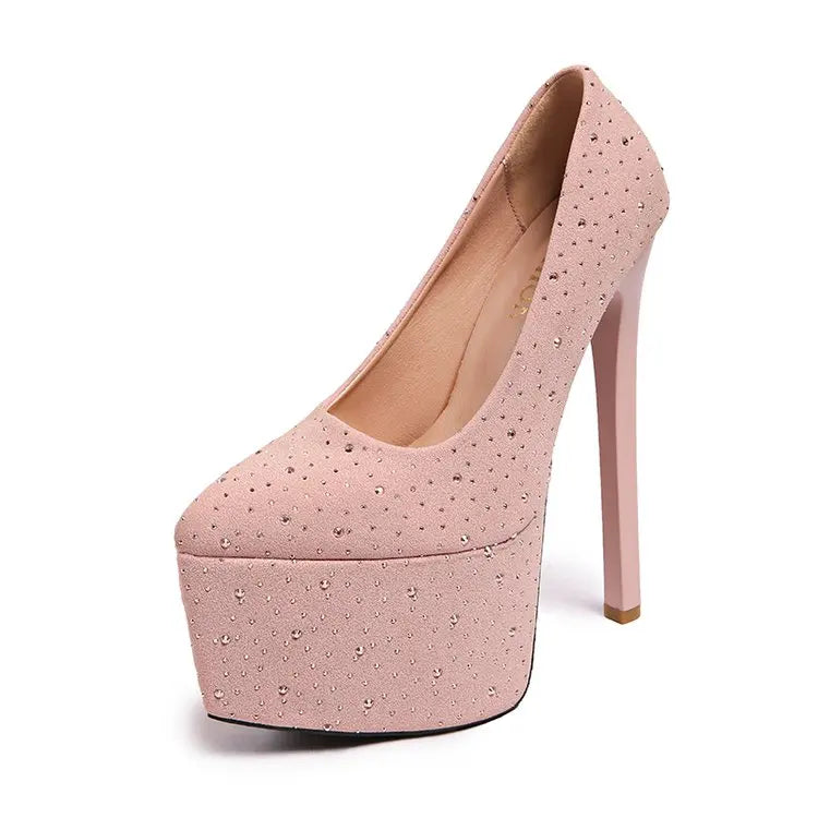 High Heels Women's Glitter Fashion Round Head Waterproof Platform Ultra High Heels 2026 Spring New Thin Heels Women's Shoes
