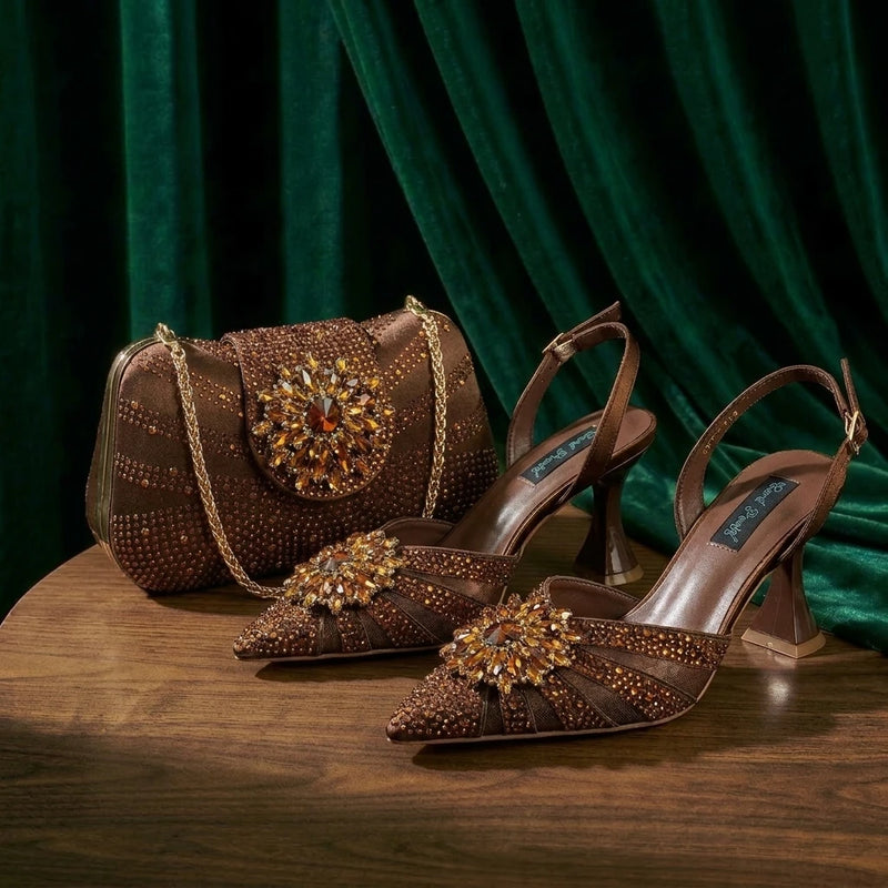 New Italian Pumps and Bag To Party 2026 INS Style Pointed DURABLE OUTSALE Rhinestone Elegant Coffee Color High Heels for Women