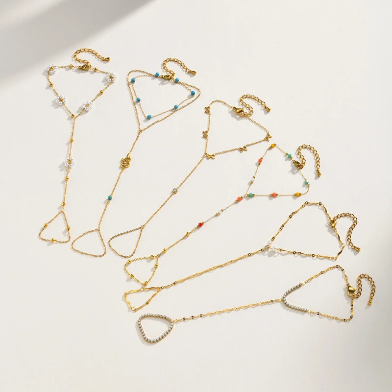 Bohemian Bead Slave Bracelet, 18K Gold Plated Stainless Steel, Waterproof Hand Chain Finger Ring Bracelet Jewelry for Women