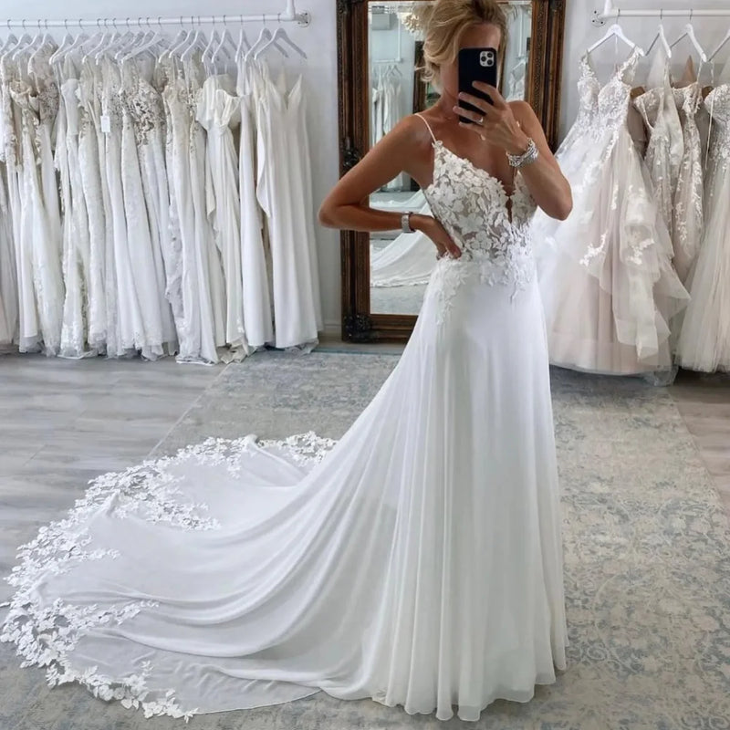 Beach A Line Chiffion Wedding Dresses Sexy V - neck - View 2 | SAMAG