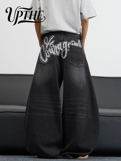 UP.THE Men's Black Baggy Wide Leg Jeans, Y2K Hip Hop | SAMAG