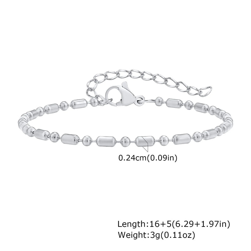 Goxygen Dainty Silver Color Stackable Bracelet Stainless Steel Beads Thin Chain for Women Men Jewelry Sets Gifts