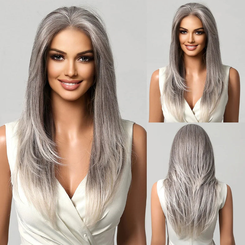 HENRY MARGU Ash Blonde Lace Synthetic Wigs 13*6 Lace Front Wigs Ombre Natural Dark Roots Wigs for Daily Heat Resistant Fiber
